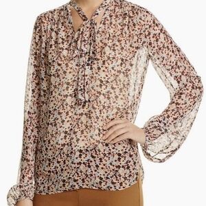 Theory Bernetta Floral Crinkle Chiffon Blouse 100% Silk Sheer Tan Tie Neck Sz S
